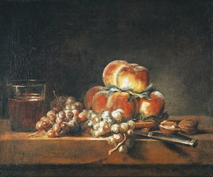 Stilleven van perziken, noten, druiven en een glas wijn, 1758
